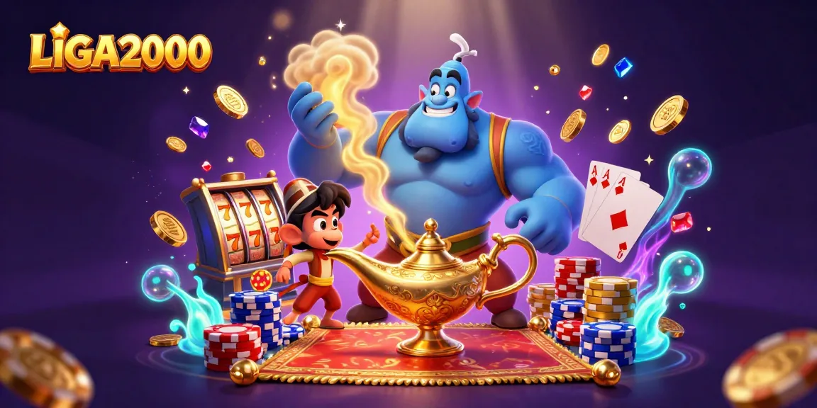 Rasakan LIGA2000 dengan ilustrasi 3D yang cerah dari seorang jin, chip poker, dan gulungan slot!