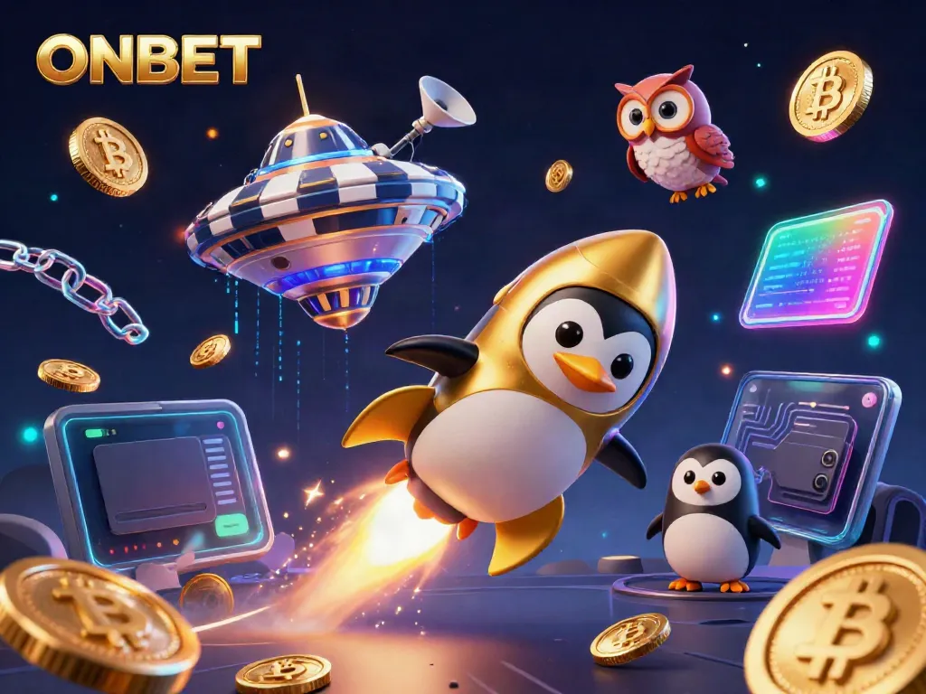 Experience casino excitement with the ONBET penguin flying through a neon-rich space scene.