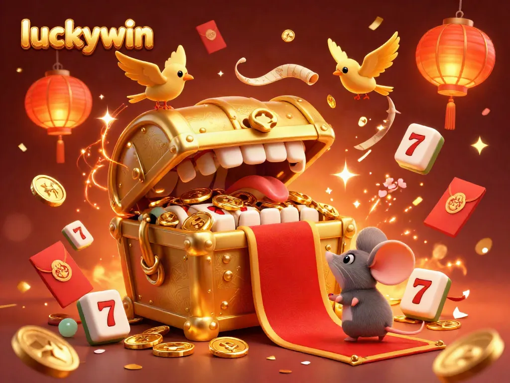Experience lavish luck at Luckywin with an energetic 3D casino scene showcasing a treasure chest and jackpot symbols.