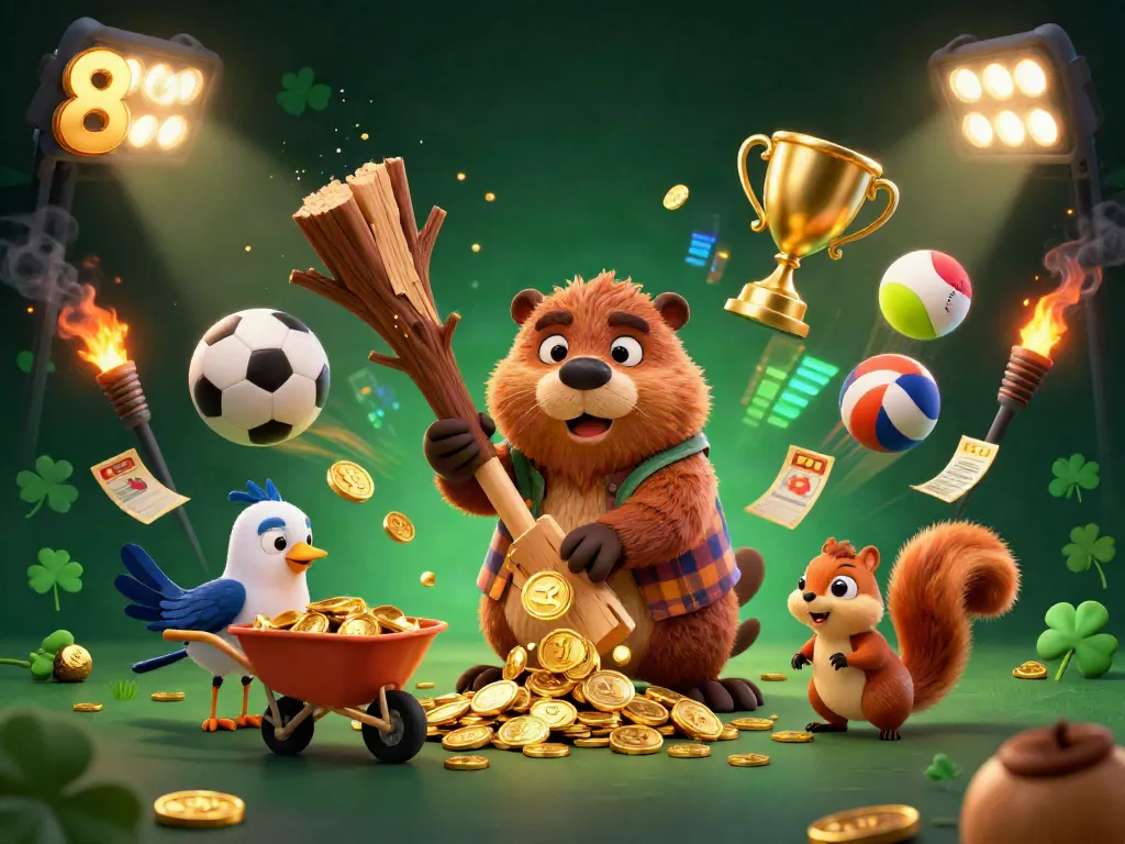 Engaging 3D illustration depicting a beaver character promoting 8S with golden coins and sports elements.