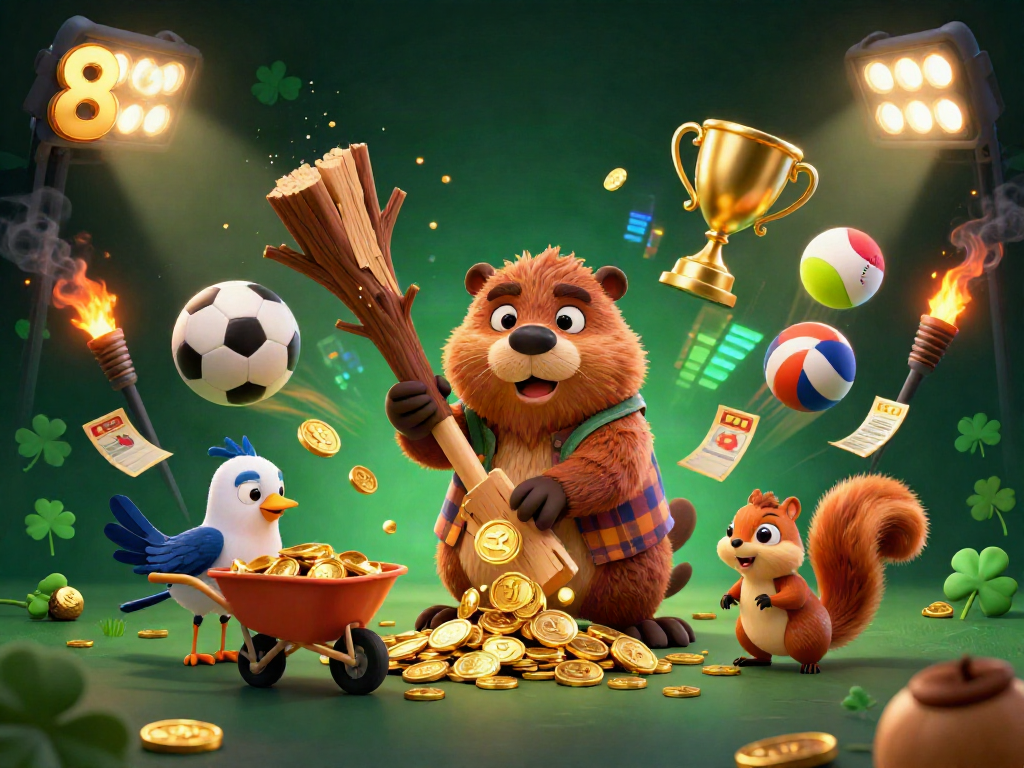 Engaging 3D illustration depicting a beaver character promoting 8S with golden coins and sports elements.