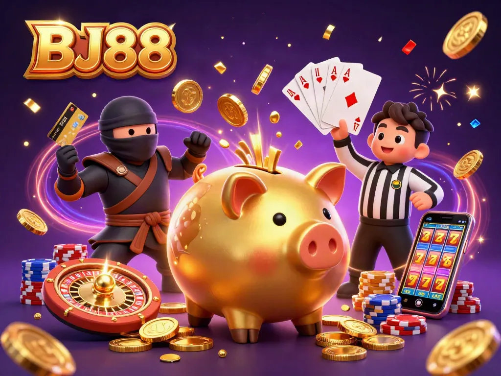 BJ88 captures excitement with golden coins cascading around a cartoon sumo wrestler and ninja in a vibrant casino scene.