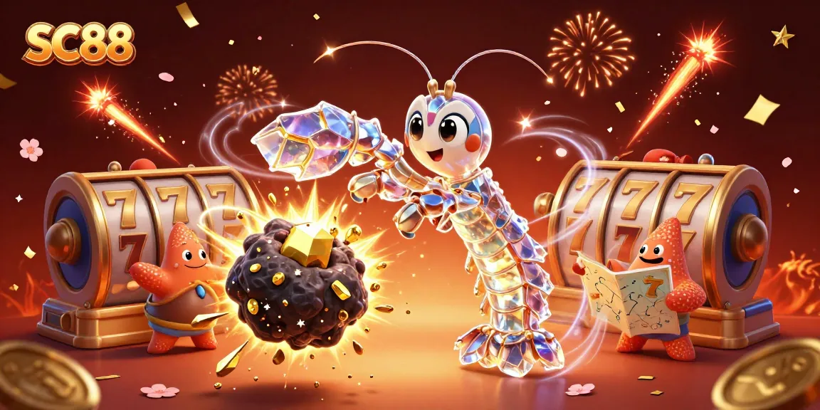 Experience the excitement of SC88 with vibrant slots and a cosmic battle in a dynamic illustration.