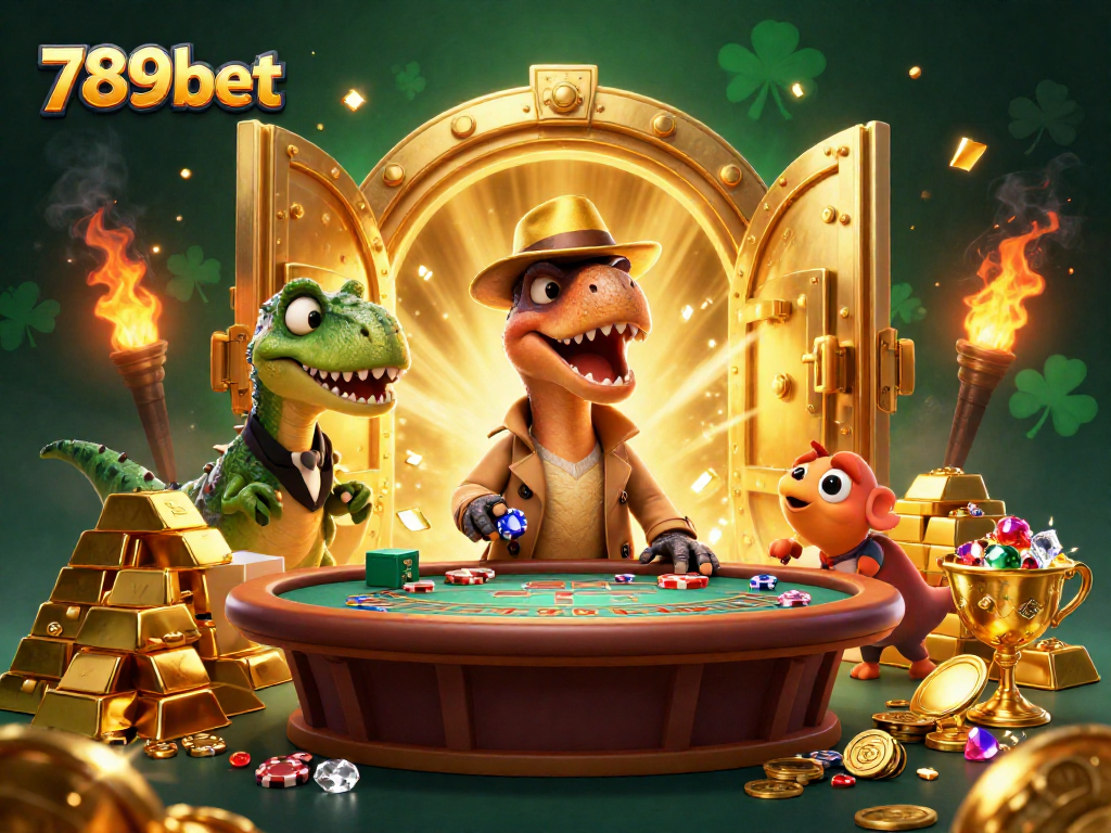 Experience the thrilling action at 789bet with a velociraptor card counter surrounded by gold treasures.