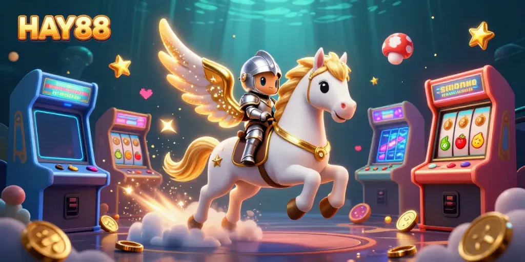 Experience thrilling gameplay with HAY88 featuring vibrant arcade elements and a celestial knight.