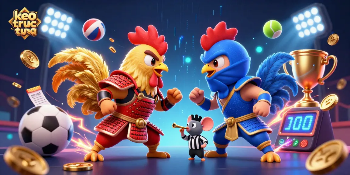 Catch the excitement of keo truc tuyen with dynamic roosters battling amid vibrant sports elements!