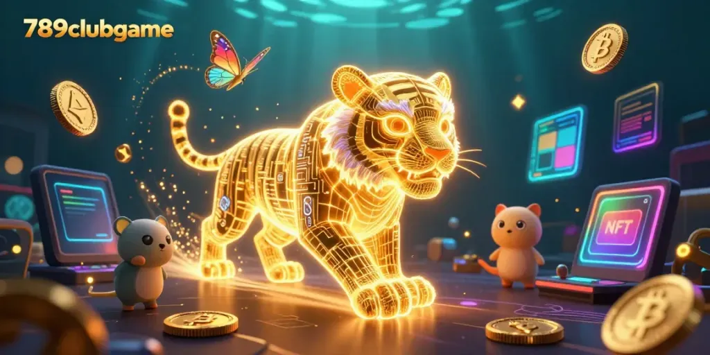 Engage in thrilling gameplay at 789clubgame with a neon golden tiger and cryptocurrency elements