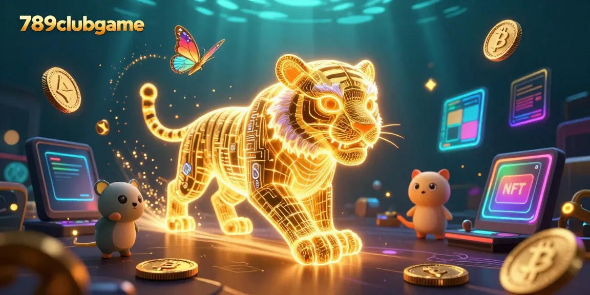 Engage in thrilling gameplay at 789clubgame with a neon golden tiger and cryptocurrency elements