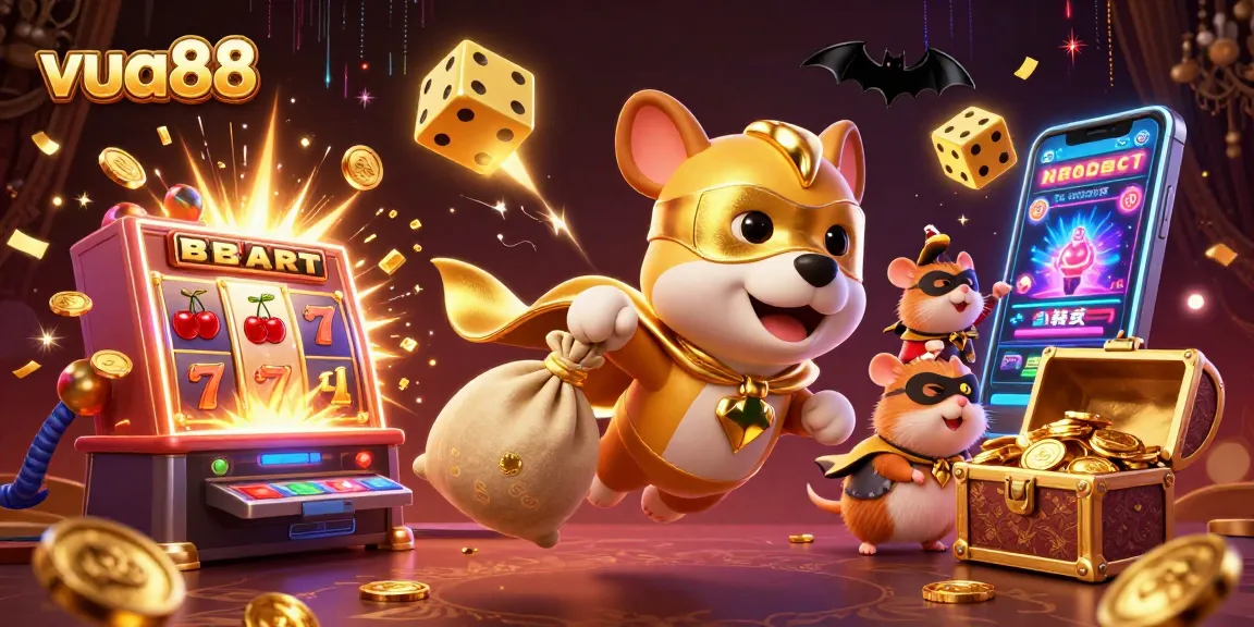 Experience exhilarating wins with vua88 in this vibrant casino-themed illustration.