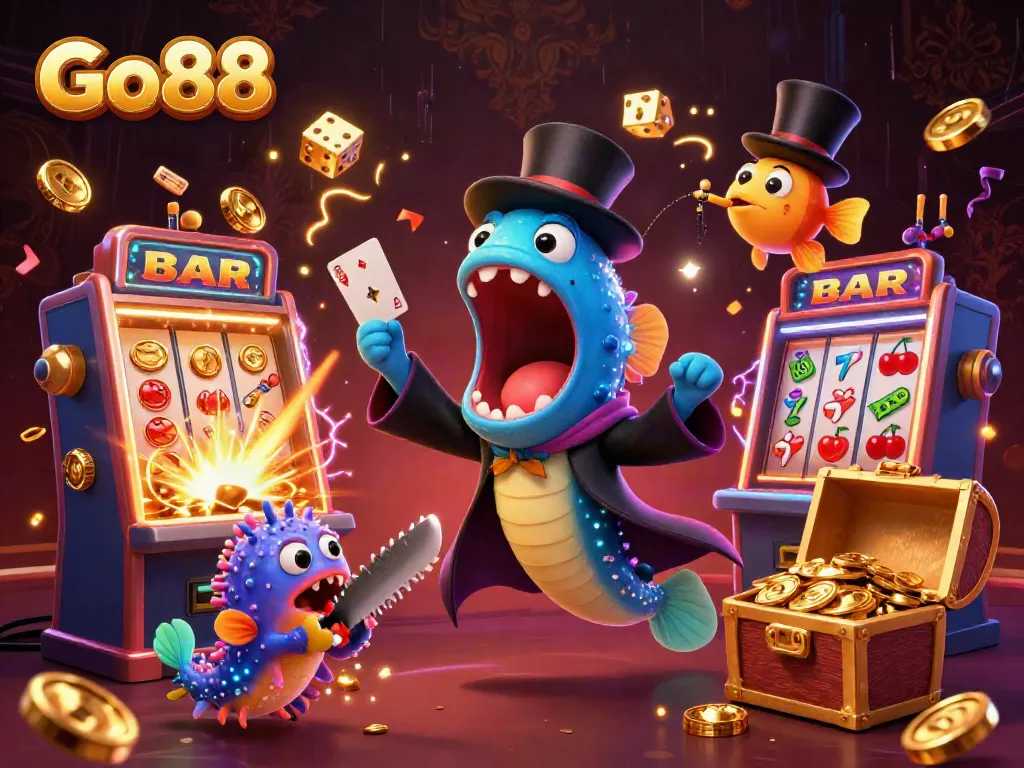Go88 showcases a vibrant underwater casino scene with a cartoon gulper eel performing magic tricks in a colorful environment.