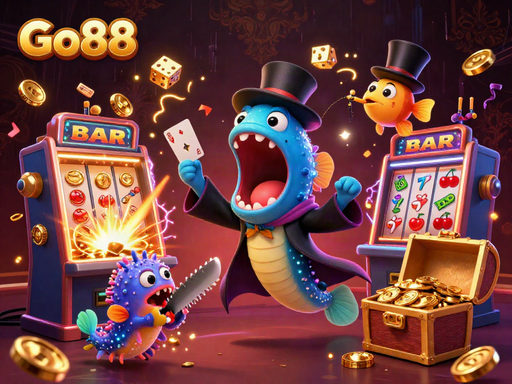 Go88 showcases a vibrant underwater casino scene with a cartoon gulper eel performing magic tricks in a colorful environment.