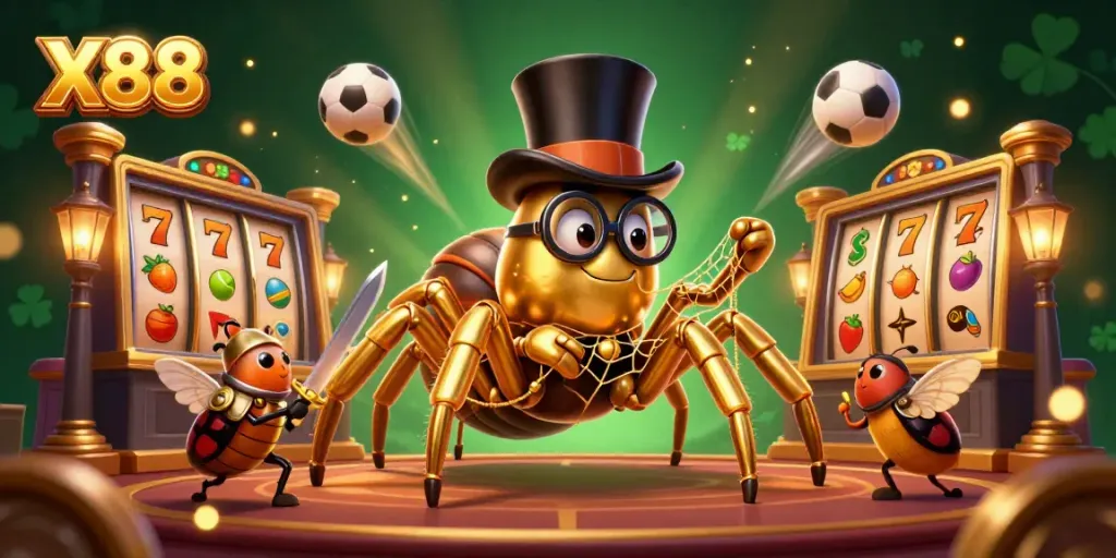 X88 showcases a vibrant 3D casino scene with a golden tarantula, beetle knight, and dynamic symbols, promoting engaging gameplay.