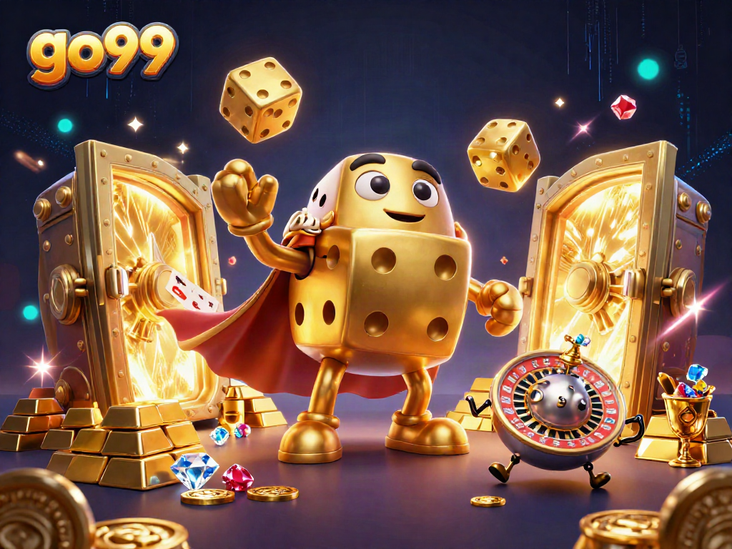 Engage with the exciting world of go99 through this vibrant casino illustration featuring golden dice and treasure.