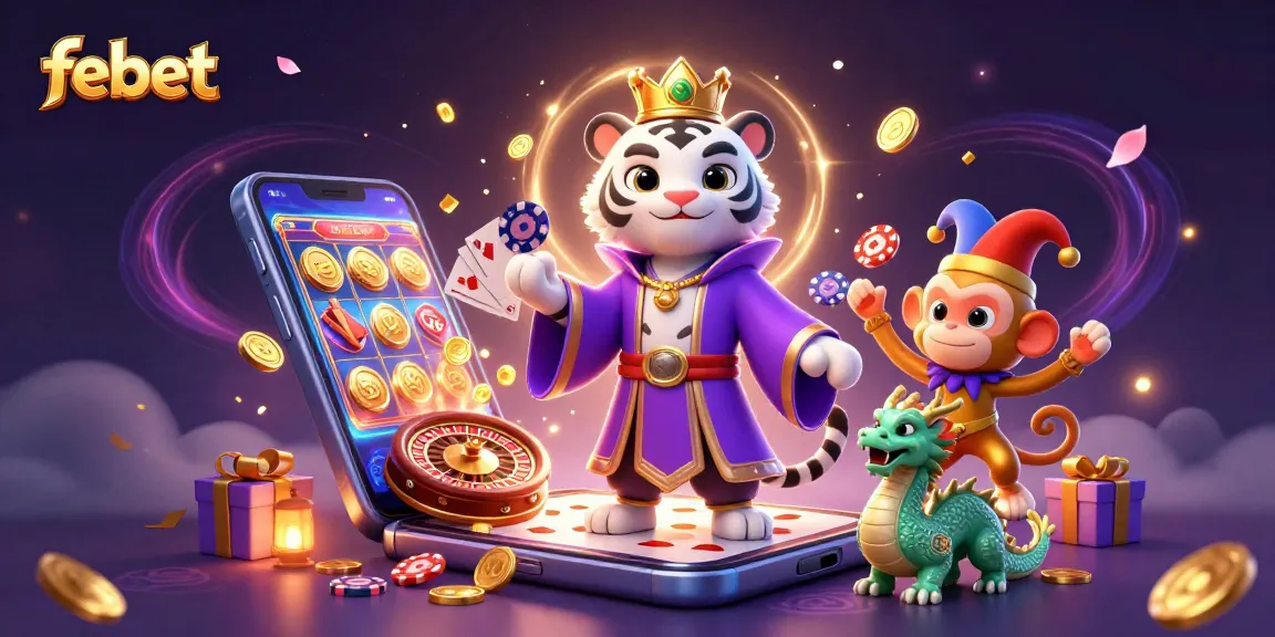 Spin and win at Febet with a dynamic scene featuring a white tiger, monkey juggling poker chips, and a jade dragon.