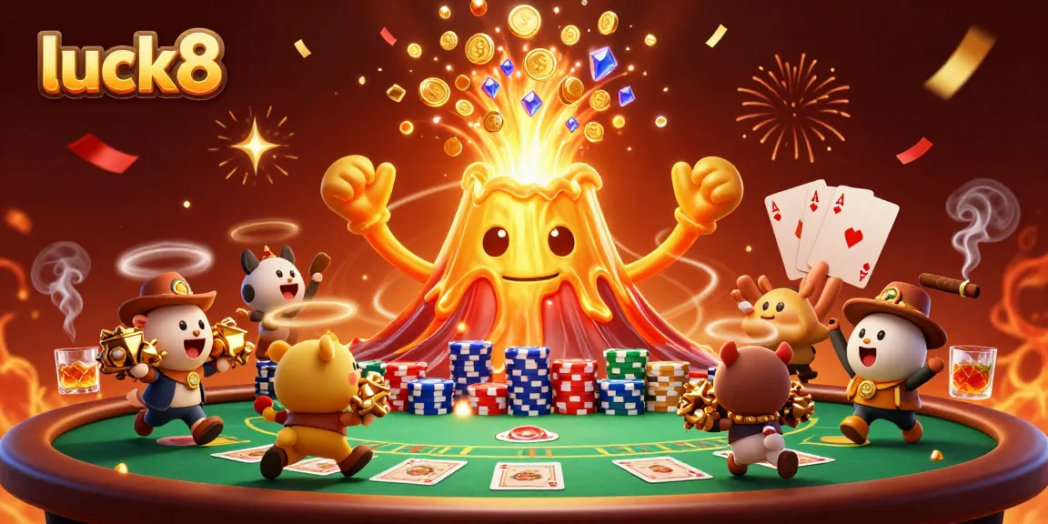 Engage with luck8 as a golden volcano erupts coins and treasure amidst a vibrant casino scene.