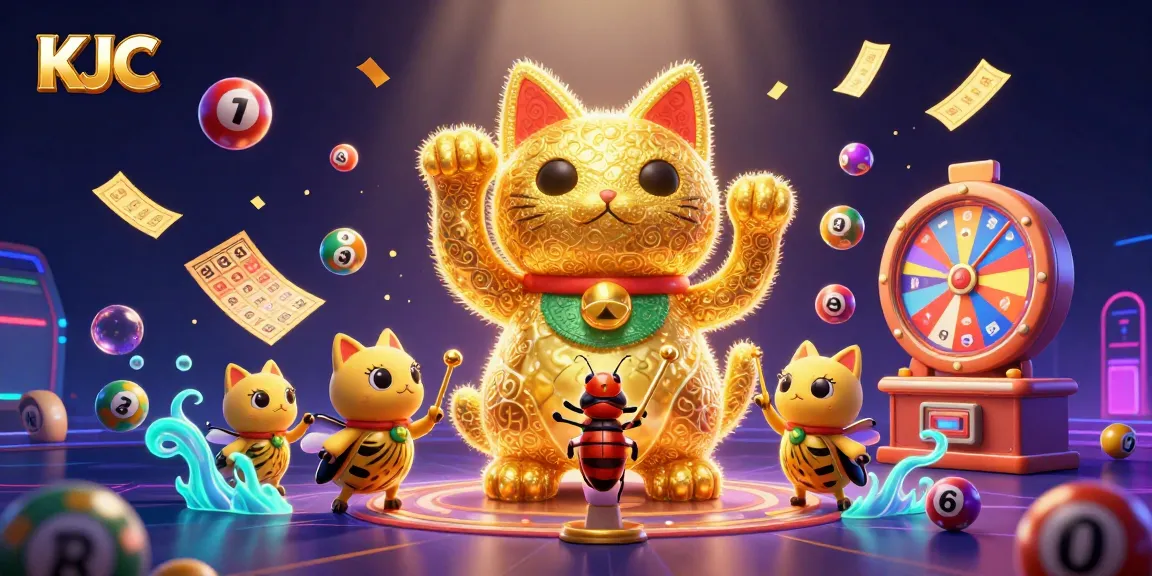 KJC showcases a vibrant illustration of a lucky cat surrounded by colorful lottery elements, enhancing online gaming excitement.
