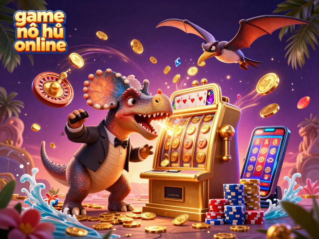 Experience the thrill of game nổ hũ online with a cartoon dinosaur jackpot scene.