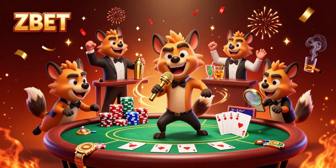 ZBET brings laughter and excitement with a lively comedy casino scene featuring hyenas and vibrant poker elements.