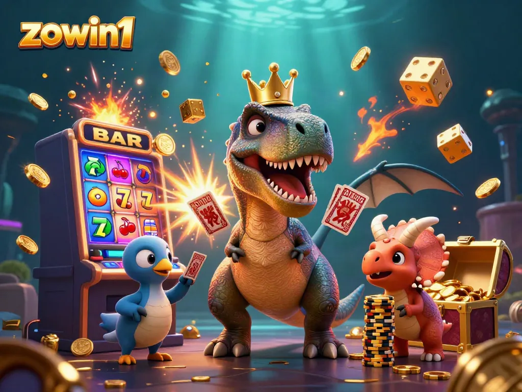 Experience the excitement of gaming at zowin1 with a colorful illustration of a casino scene featuring cartoon dinosaurs.