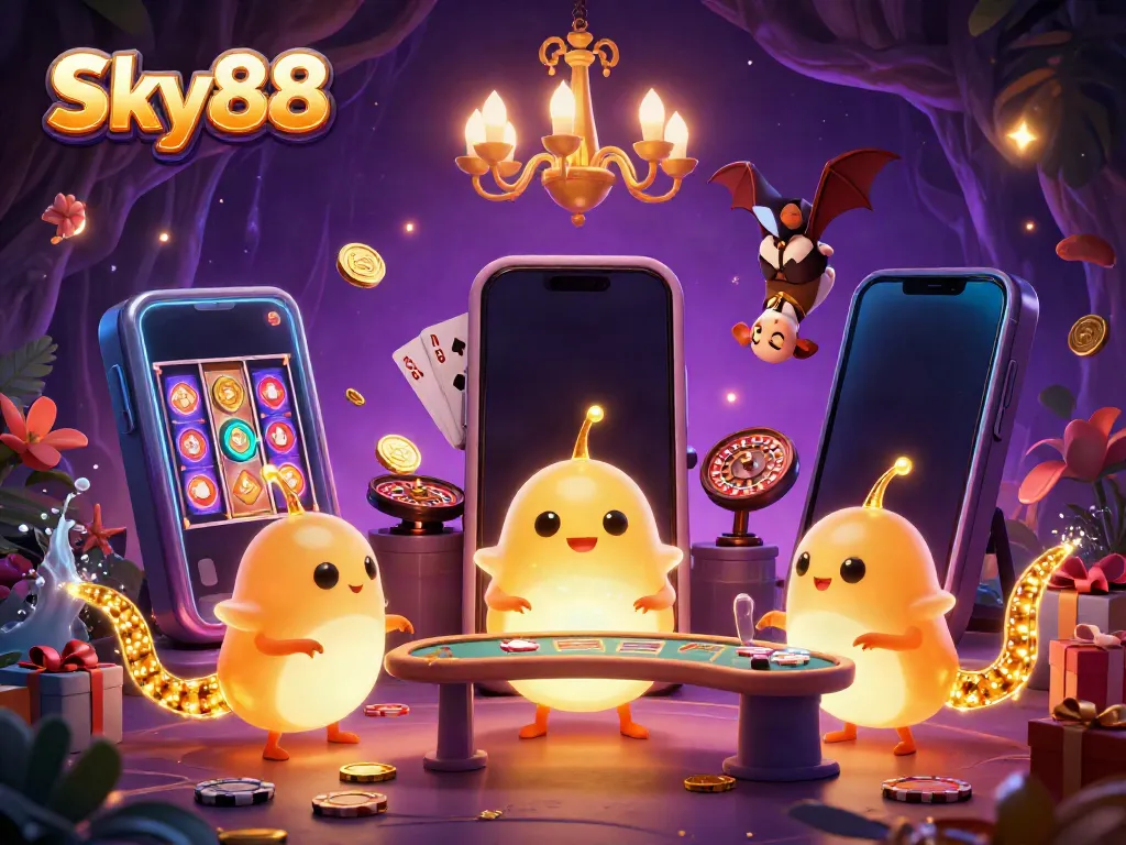 Experience the thrill at Sky88's vibrant cave casino with glowing glowworms and engaging game elements.