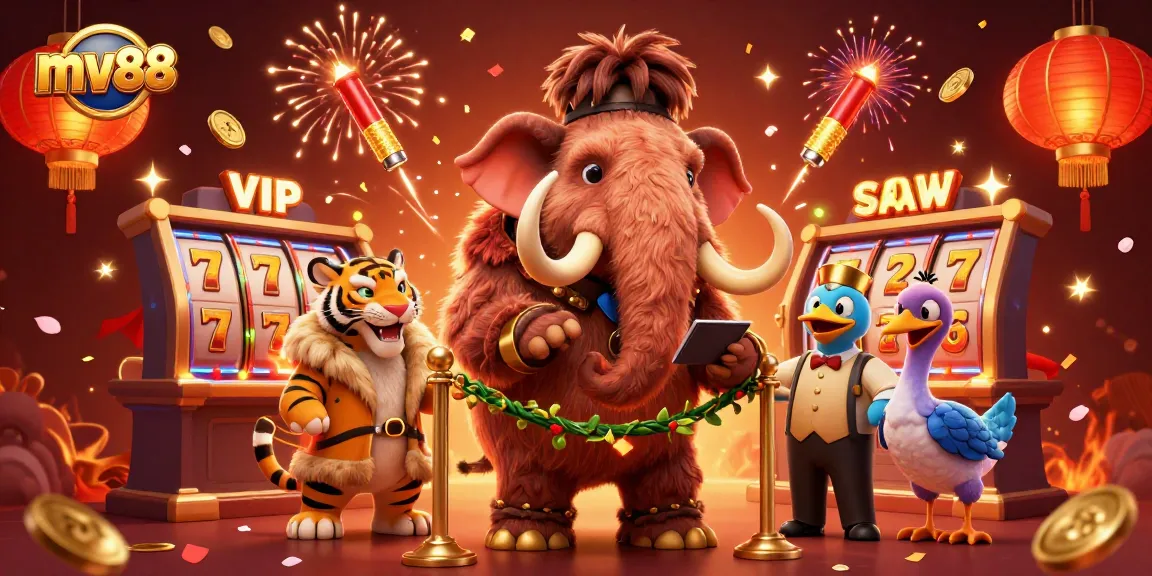 Win big at mv88 with a vibrant casino scene featuring unique characters and slot machines.
