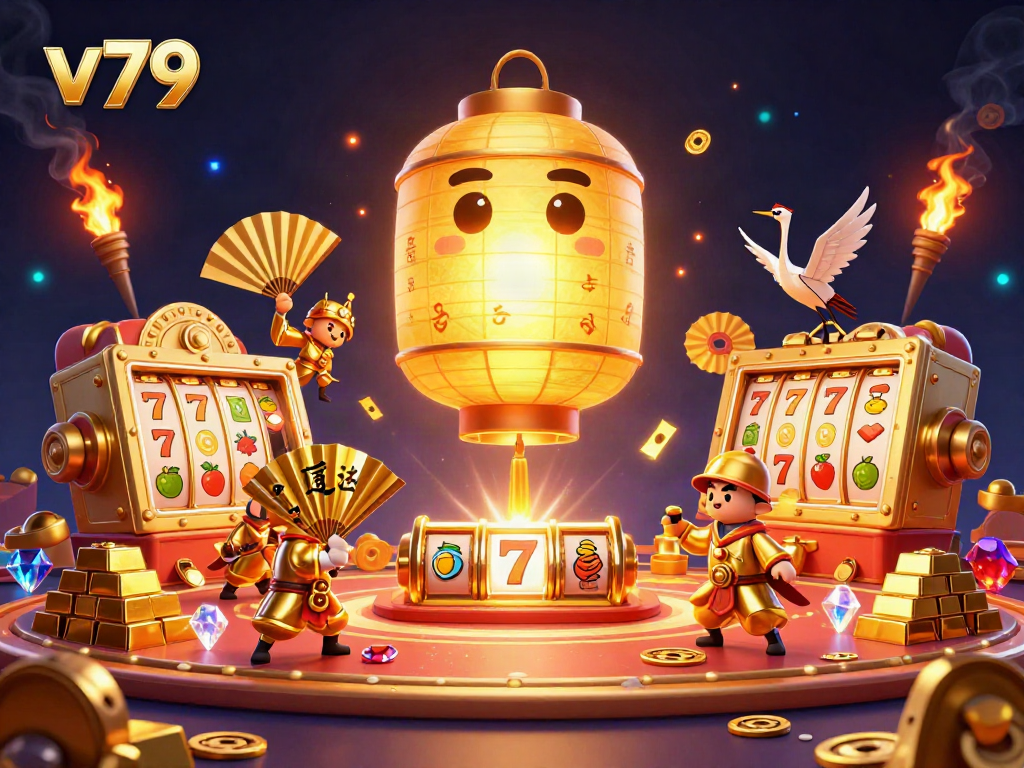 Experience the excitement of v79 with a golden lantern spirit and vibrant casino elements.