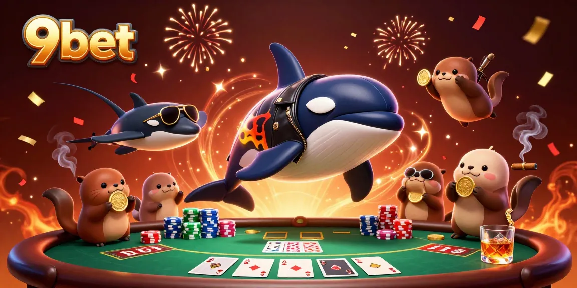 Enjoy epic gaming moments with 9bet in this vibrant casino-themed illustration featuring dynamic characters.