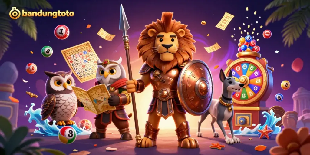 Spartan lion and owl strategist celebrate big wins on bandungtoto with vibrant lottery elements.
