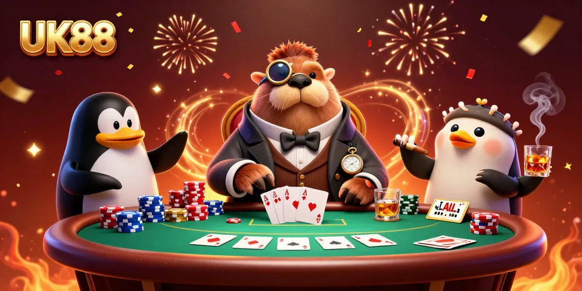 Engage in thrilling poker at UK88's underwater table featuring a walrus, penguin dealer, and pufferfish.