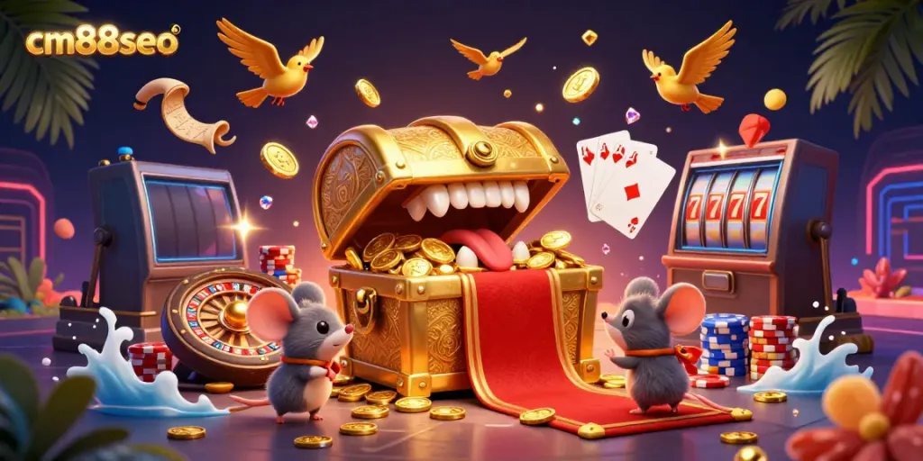 Engaging scene of adventure mice entranced by a treasure chest, with the keyword cm88seo reflecting rich casino elements.