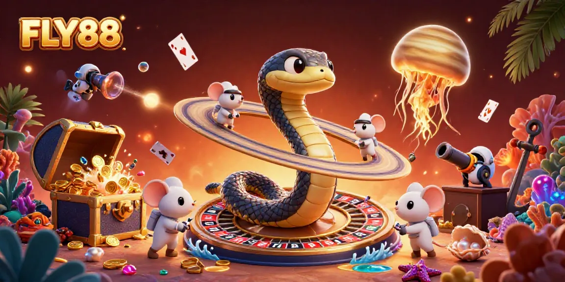 Experience thrilling entertainment with FLY88, featuring a lively cosmic roulette scene filled with action.