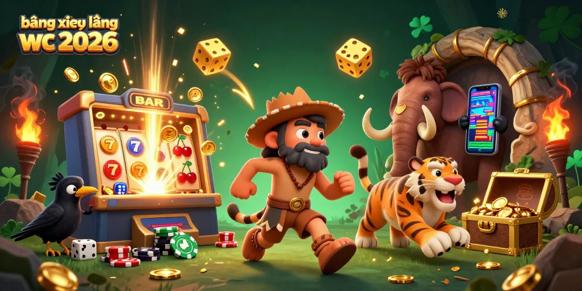 Experience the vibrant scene of a prehistoric casino with bảng xếp hạng wc 2026, featuring charming characters and dynamic gaming elements.