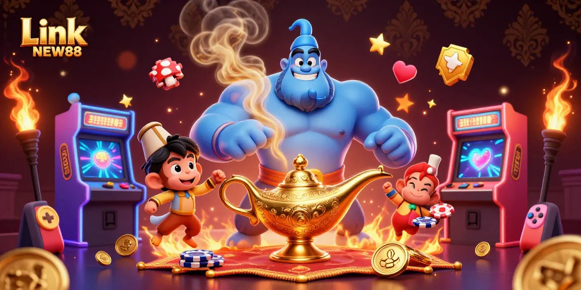 Engage with the excitement of Link NEW88 in this vibrant 3D casino scene featuring magical characters and games.