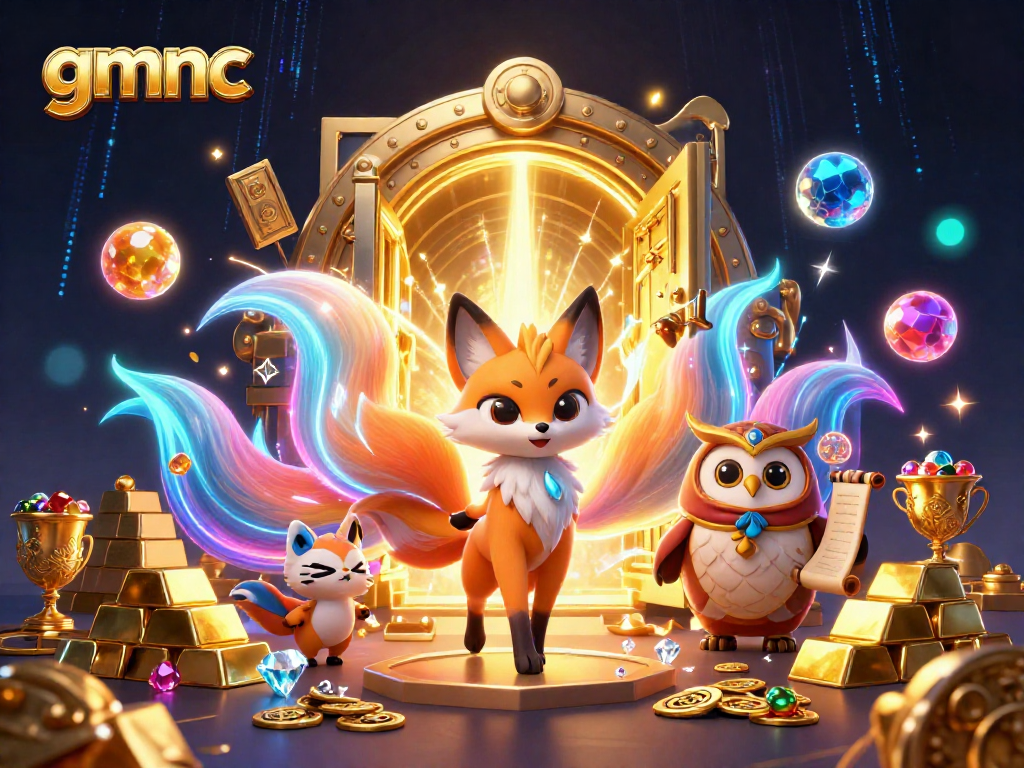 Experience gmnc with a vivid 3D scene of a nine-tailed fox spirit amid casino treasures and glowing orbs.