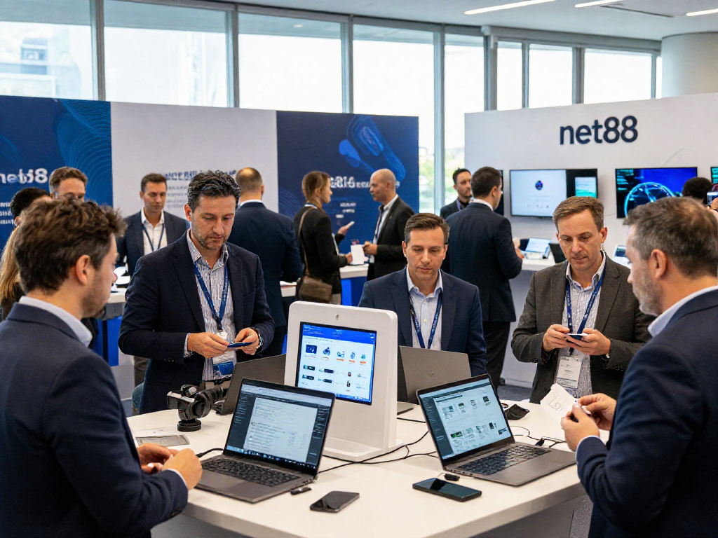 Networking professionals engaged around net88 displays at a tech conference.
