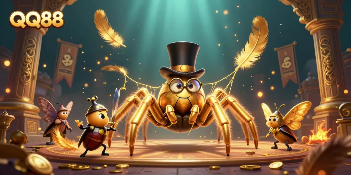 Experience the excitement of QQ88 with a vibrant scene showcasing a golden tarantula and knights amidst casino elements.