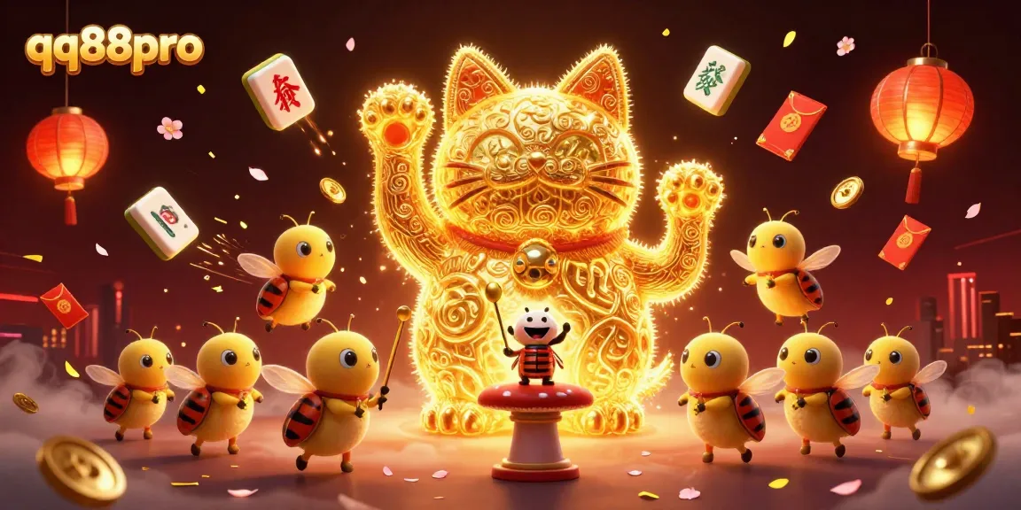 Experience the excitement of qq88pro with a lucky cat formed by golden fireflies amidst vibrant casino symbols.