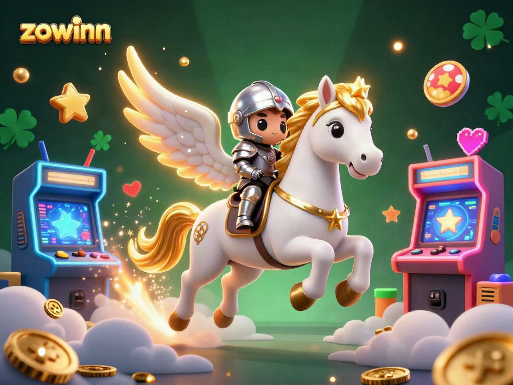 Experience exhilarating gameplay with zowinn, featuring a knight on a celestial horse amidst vibrant casino elements.