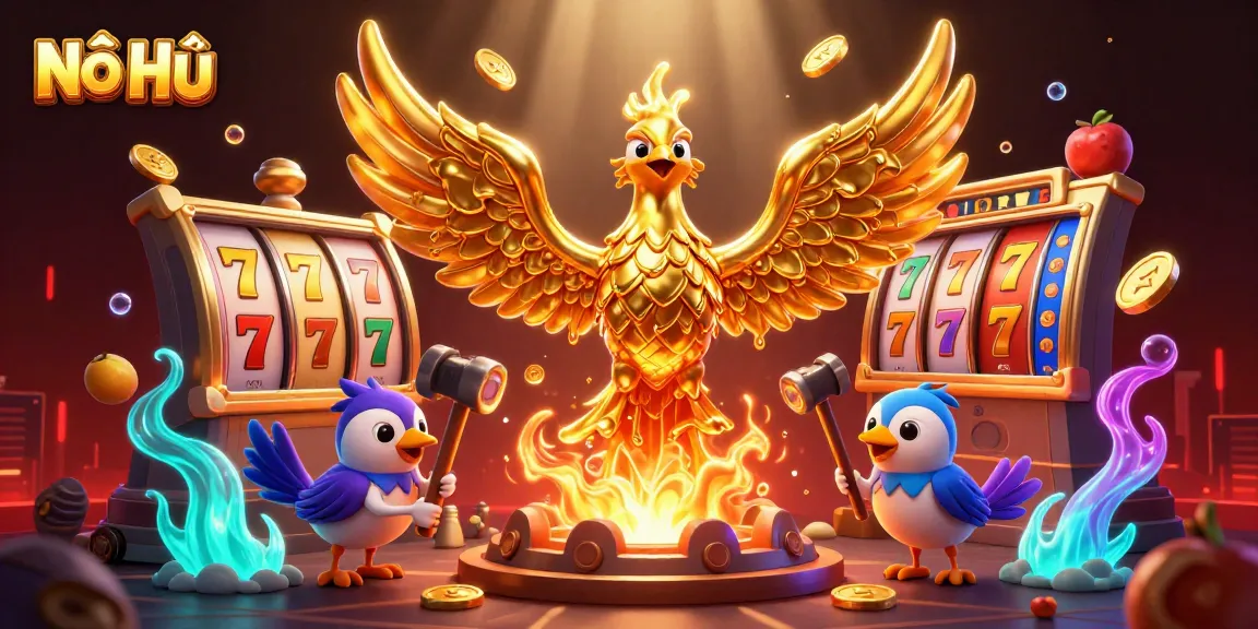 Nổ Hũ slot game illustration with vibrant golden phoenix and casino elements.