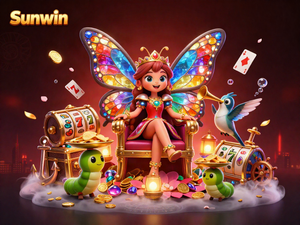 Experience the enchanting world of Sunwin, featuring a butterfly queen and vibrant casino elements.