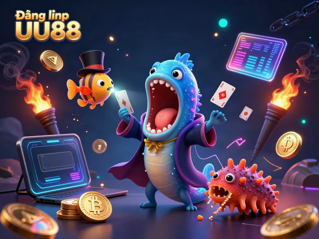 Engage in Đăng nhập UU88 with dynamic characters in a vibrant underwater casino setting.