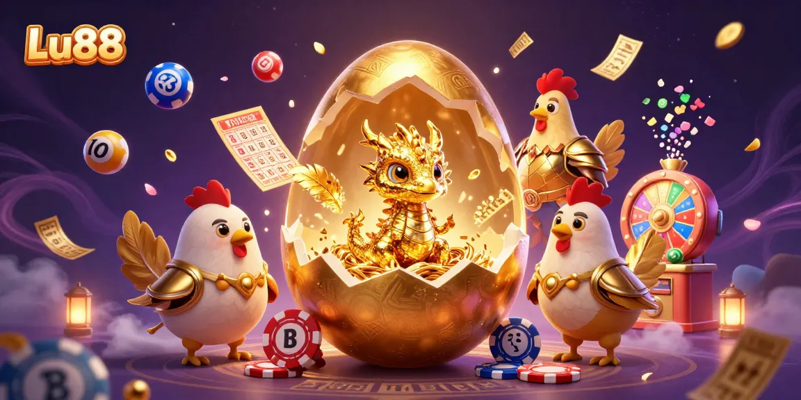 Play winning games at Lu88 with a golden egg dragon, poker chips, and jackpot excitement.