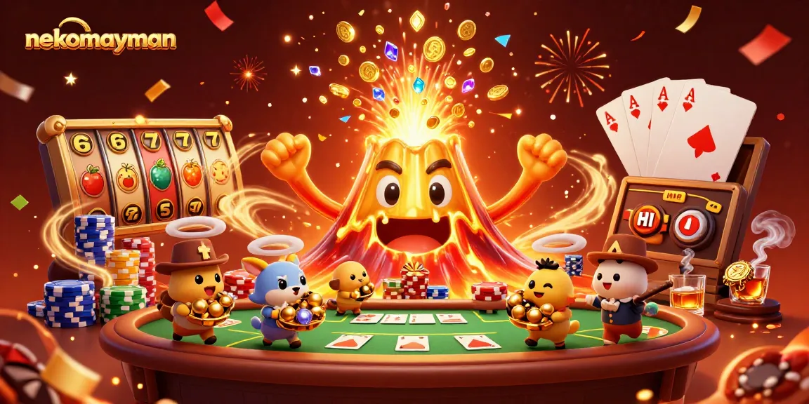 Experience excitement with nekomayman as golden volcano erupts, showering coins and treasures in a vibrant casino scene.