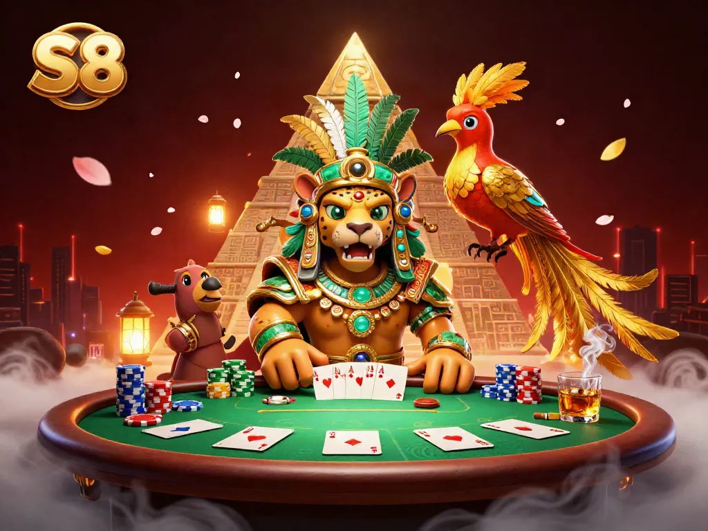 Engage in exhilarating S8 gambling action with a vibrant Mayan-themed casino scene featuring poker elements.