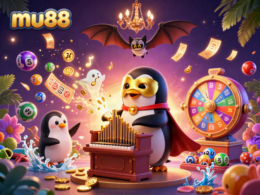Engage with mu88's vibrant gaming world featuring a penguin playing an organ amid colorful lottery elements.