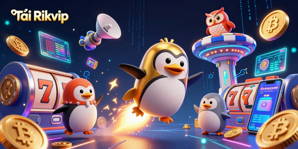 Tải Rikvip to play exciting slot games with a golden penguin representing fun adventures in a vibrant casino world.