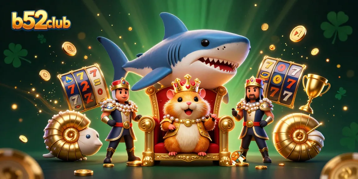 Play thrilling games at b52club, featuring a golden hamster king on a shark throne amidst a dynamic casino scene.