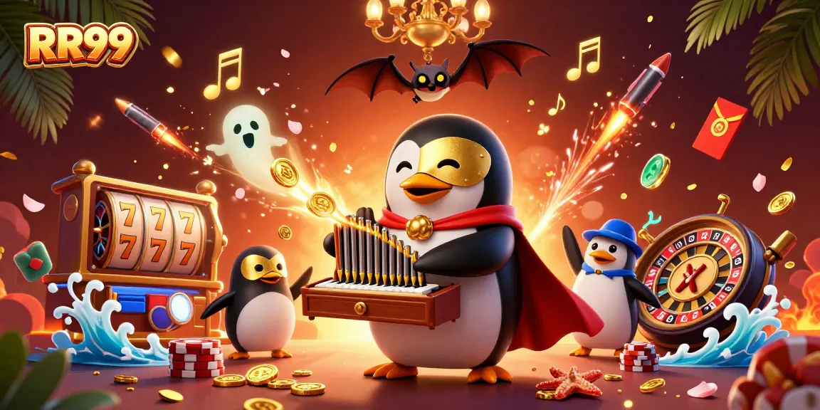 Experience the excitement of RR99 with slot reels, golden coins, and a vibrant casino scene.