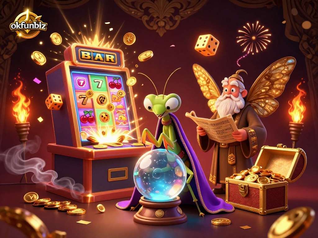 Spin for winnings at okfunbiz with vibrant 3D casino elements and enchanted characters.