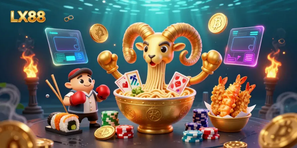 Experience vibrant gaming action with LX88's unique golden ramen bowl dealer and energetic side characters.